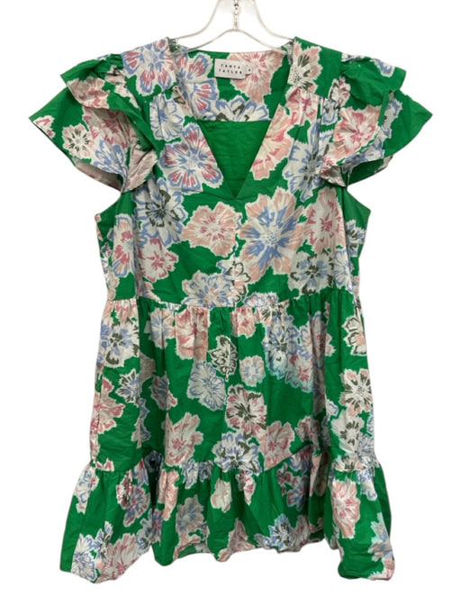 Tanya Taylor Size M Green & Multi Cotton V Neck Floral Mini Sleeveless Dress Green & Multi / M
