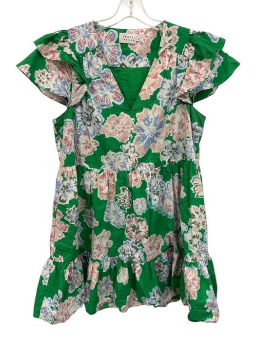 Tanya Taylor Size M Green & Multi Cotton V Neck Floral Mini Sleeveless Dress Green & Multi / M