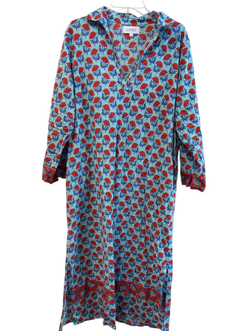 Livro Size Large Blue & Red Cotton Floral Collared V Neck Pockets Dress Blue & Red / Large