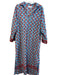 Livro Size Large Blue & Red Cotton Floral Collared V Neck Pockets Dress Blue & Red / Large