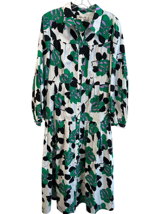 Diane Von Furstenberg Size Large Green, Black & White Cotton Long Sleeve Dress Green, Black & White / Large