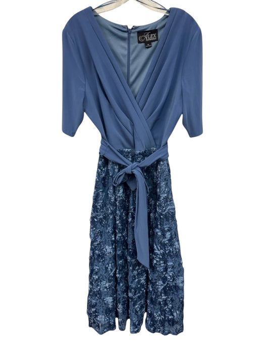 Alex Evenings Size 14 Blue Polyester Blend Short Sleeve V Neck Lace Floral Dress Blue / 14