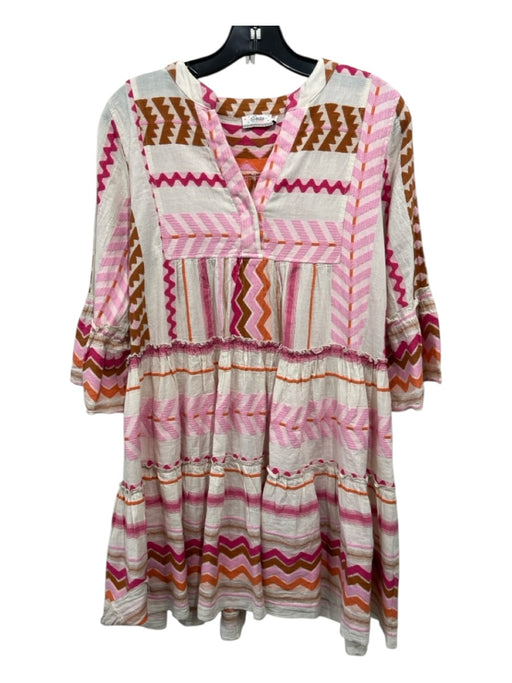 Devotion Twins Size 12/14 Cream, Pink, Orange & Brown Cotton 3/4 Sleeve Dress Cream, Pink, Orange & Brown / 12/14
