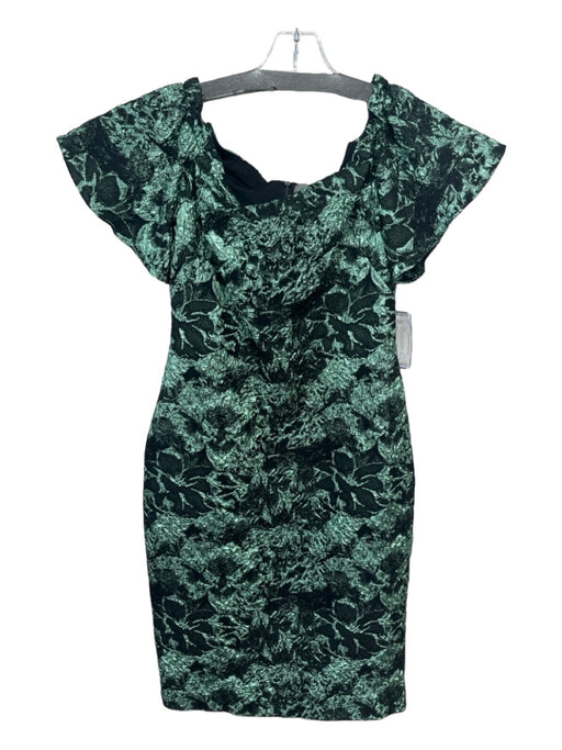 Theia Size 4 Green & Black Acetate Blend Off Shoulder Metalic Threading Dress Green & Black / 4