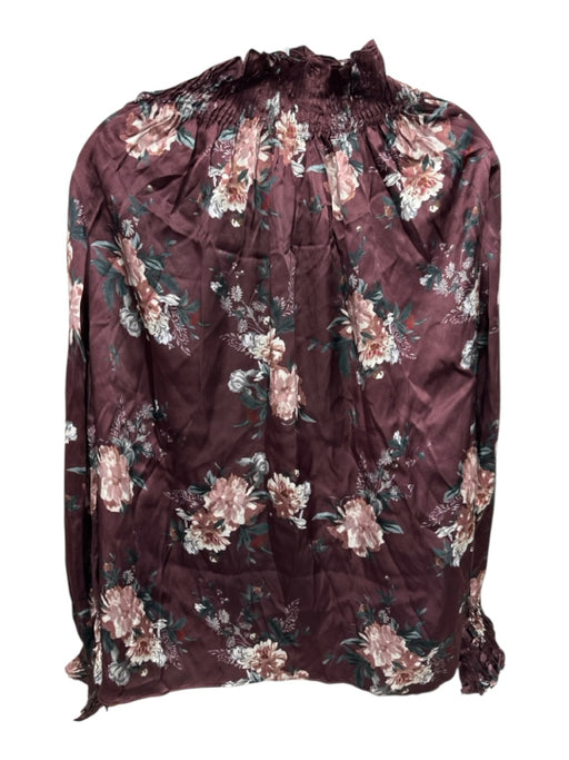 Intermix Size Large Burgundy, White, Green Silk Long Sleeve Floral Smocked Top Burgundy, White, Green / Large