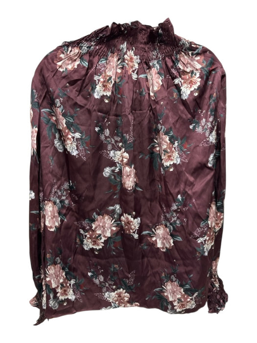 Intermix Size Large Burgundy, White, Green Silk Long Sleeve Floral Smocked Top Burgundy, White, Green / Large