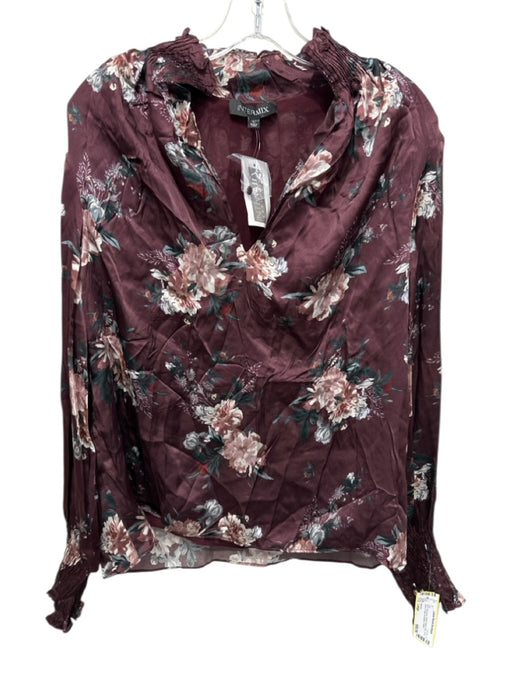 Intermix Size Large Burgundy, White, Green Silk Long Sleeve Floral Smocked Top Burgundy, White, Green / Large