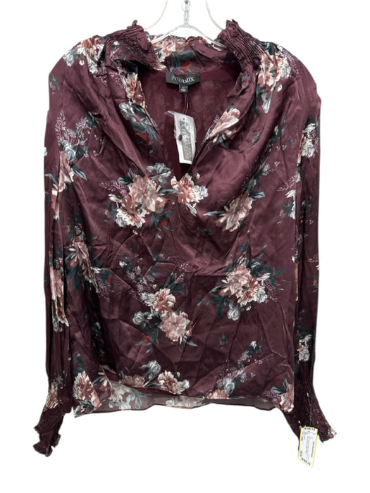Intermix Size Large Burgundy, White, Green Silk Long Sleeve Floral Smocked Top Burgundy, White, Green / Large