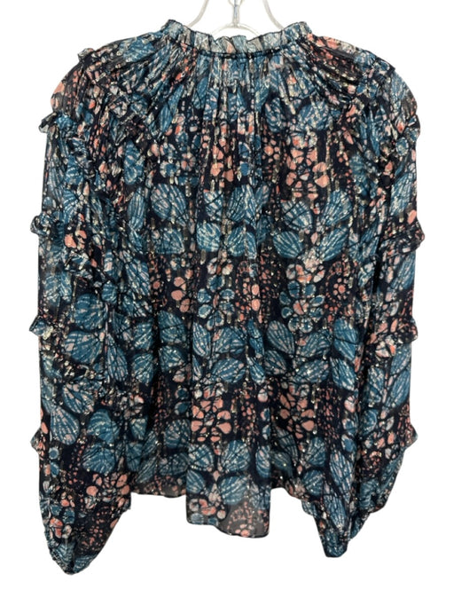 Ulla Johnson Size 6 Navy, Blue, Orange Silk Blend Long Sleeve Floral V Neck Top Navy, Blue, Orange / 6