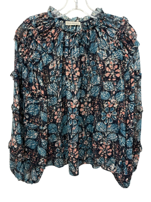 Ulla Johnson Size 6 Navy, Blue, Orange Silk Blend Long Sleeve Floral V Neck Top Navy, Blue, Orange / 6