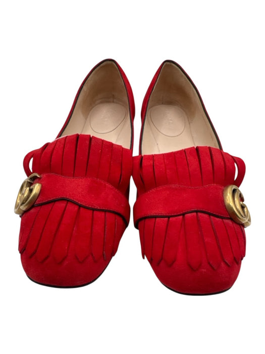 Gucci Shoe Size 40.5 Red Leather Suede Square Toe Fringe Double G's Flats Red / 40.5