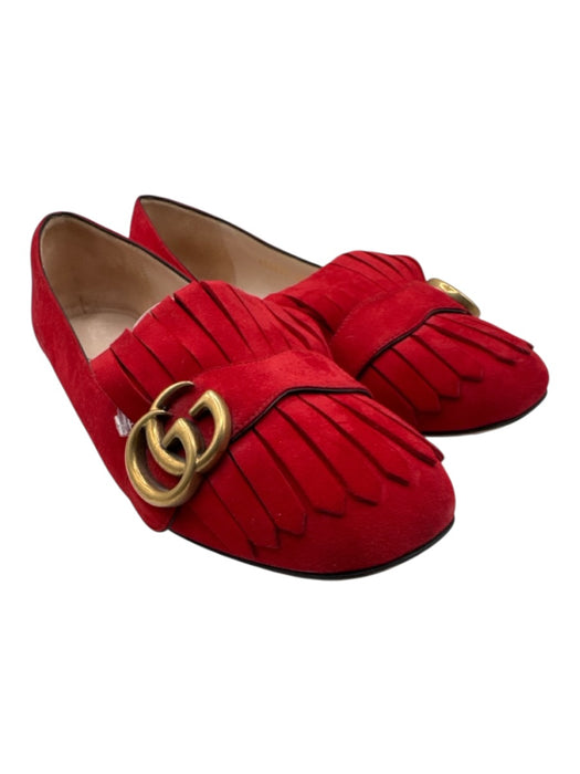 Gucci Shoe Size 40.5 Red Leather Suede Square Toe Fringe Double G's Flats Red / 40.5
