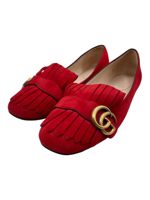 Gucci Shoe Size 40.5 Red Leather Suede Square Toe Fringe Double G's Flats Red / 40.5