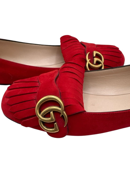 Gucci Shoe Size 40.5 Red Leather Suede Square Toe Fringe Double G's Flats Red / 40.5