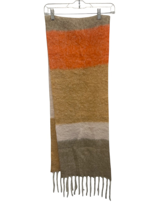 Vince Orange, Beige & White Alpaca Blend Fuzzy Stripe Fringe Trim Wide scarf Orange, Beige & White / One Size