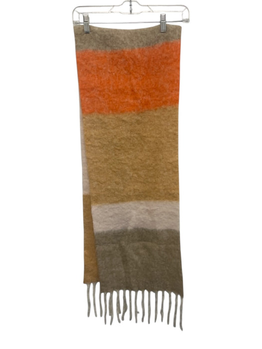 Vince Orange, Beige & White Alpaca Blend Fuzzy Stripe Fringe Trim Wide scarf Orange, Beige & White / One Size