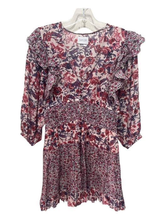 Saylor Size S Red, Blue & White Viscose 1/2 Balloon Sleeve Floral V Neck Dress Red, Blue & White / S