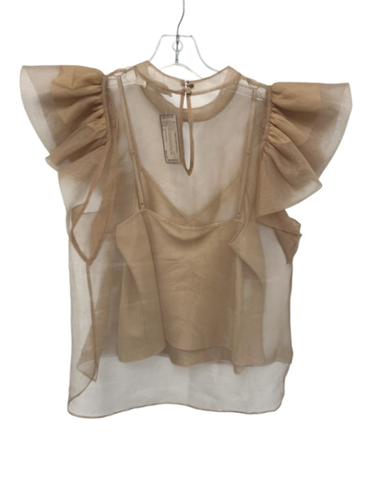 Jonathan Simkhai Size S Tan Polyester Sheer Overlay Crew Neck Button Back Top Tan / S