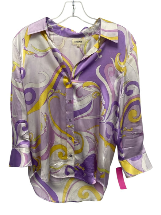 L'agence Size XS Purple, Yellow, White Silk Long Sleeve Filigree Collar Top Purple, Yellow, White / XS