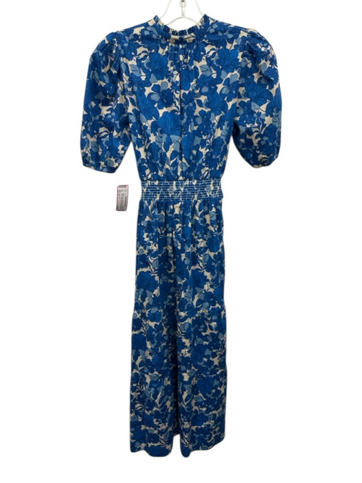 Shoshanna Size S Blue & White Cotton Blend Short Balloon Sleeve Floral Dress Blue & White / S