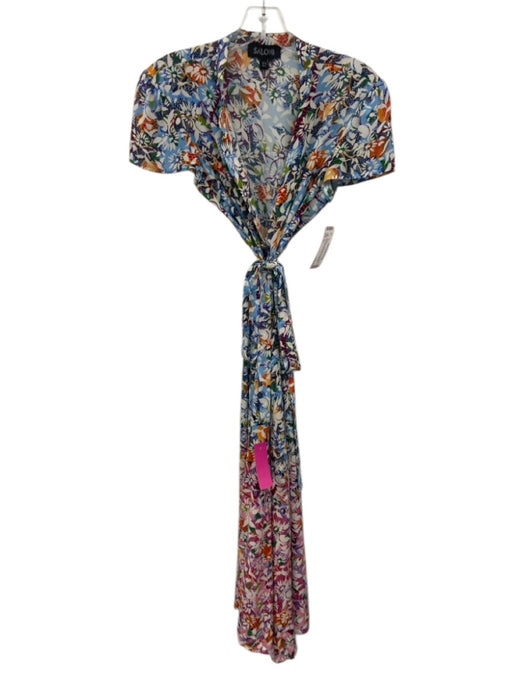 Saloni Size 6 Blue, White, Multi Silk Short Sleeve Abstract Floral Midi Dress Blue, White, Multi / 6