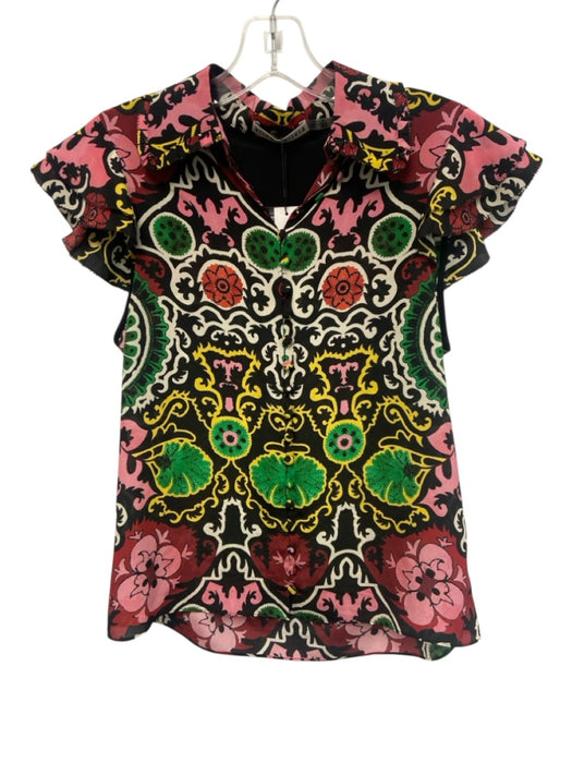 Alice + Olivia Size XS Black, White, Multi Silk Flutter Cap sleeve Collar Top Black, White, Multi / XS