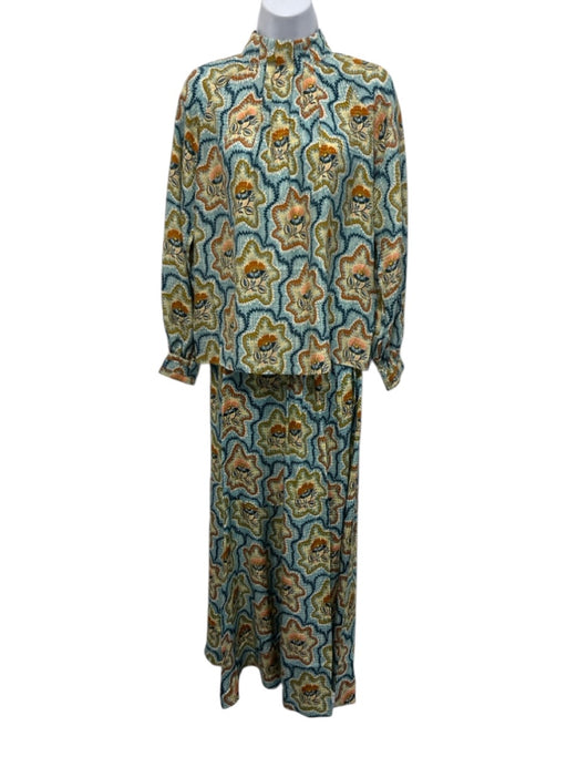 Hunter Bell Size 2/XS Blue, Orange & Multi Silk Abstract Floral Midi Skirt Set Blue, Orange & Multi / 2/XS