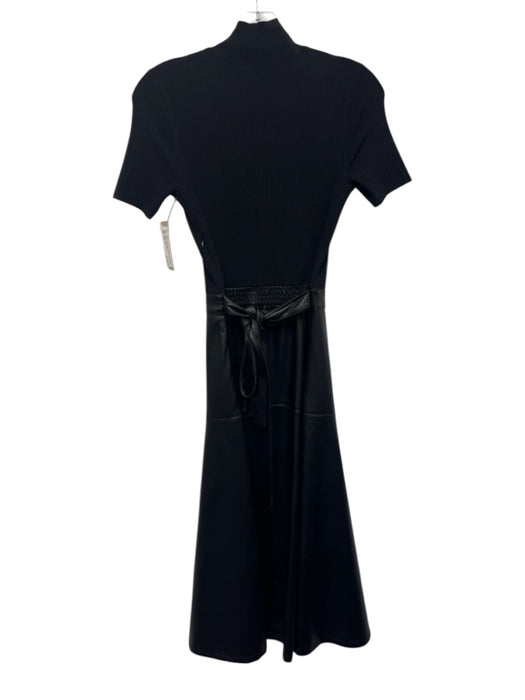 Shoshanna Size XS Black Rayon Blend Ribbed Knit High Neck Faux Leather Dress Black / XS