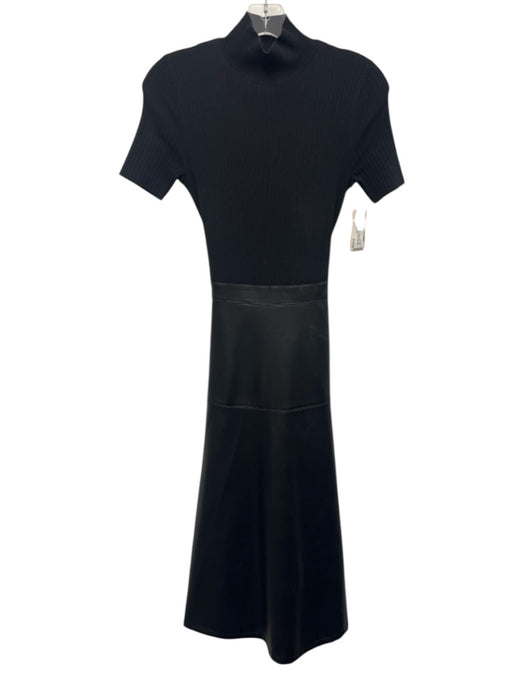 Shoshanna Size XS Black Rayon Blend Ribbed Knit High Neck Faux Leather Dress Black / XS