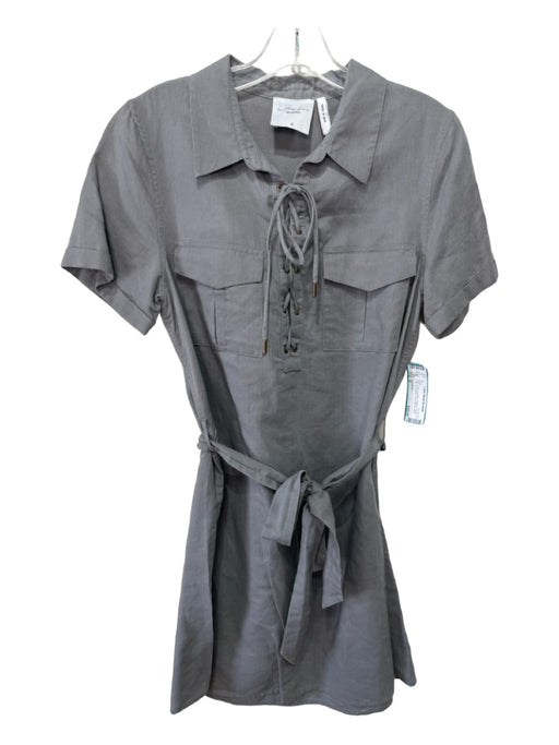 L'Academie Size M Gray Linen & Cotton Collared V Neck Lace Up Neckline Dress Gray / M