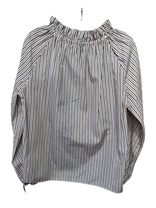 Ann Mashburn Size M white brown & blue Cotton Striped Ruffle Neckline Top white brown & blue / M