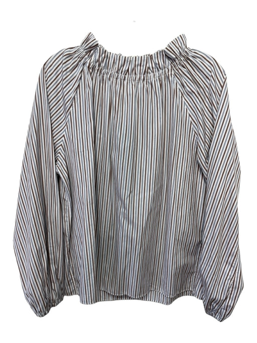 Ann Mashburn Size M white brown & blue Cotton Striped Ruffle Neckline Top white brown & blue / M