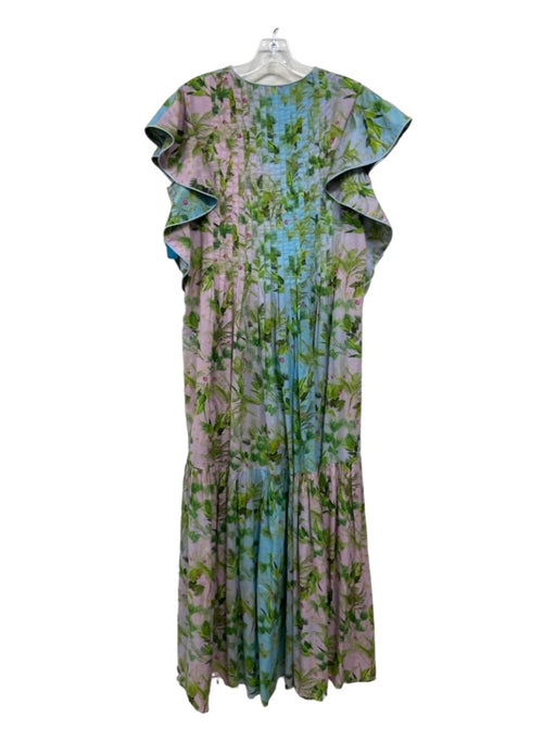 Cynthia Rowley Size M Purple Green Blue Cotton Flora & Fauna Pleated Maxi Dress Purple Green Blue / M