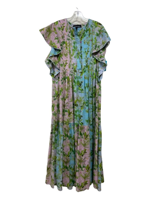 Cynthia Rowley Size M Purple Green Blue Cotton Flora & Fauna Pleated Maxi Dress Purple Green Blue / M