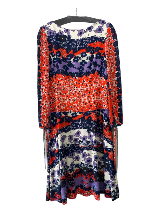 Lela Rose Size 8 White Orange Navy Viscose Floral Wide Neck Long Sleeve Dress White Orange Navy / 8