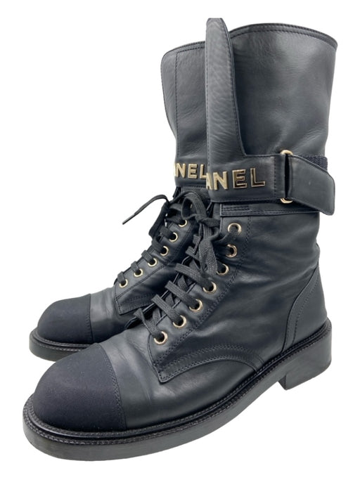 Chanel Shoe Size 37.5 Black Leather & Canvas Cap Toe Combat Lace Up Boots Black / 37.5