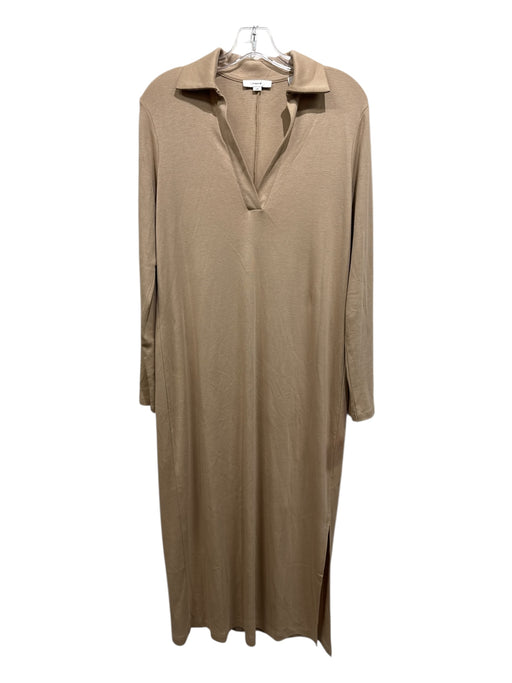 Vince Size L Tan Pima Cotton Ribbed Long Sleeve V Neck Collar Dress Tan / L