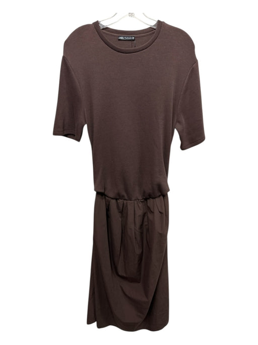 Zara Size L Brown Polyester & Viscose Short Sleeve Ribbed Pockets Maxi Dress Brown / L