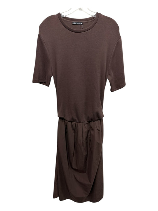 Zara Size L Brown Polyester & Viscose Short Sleeve Ribbed Pockets Maxi Dress Brown / L