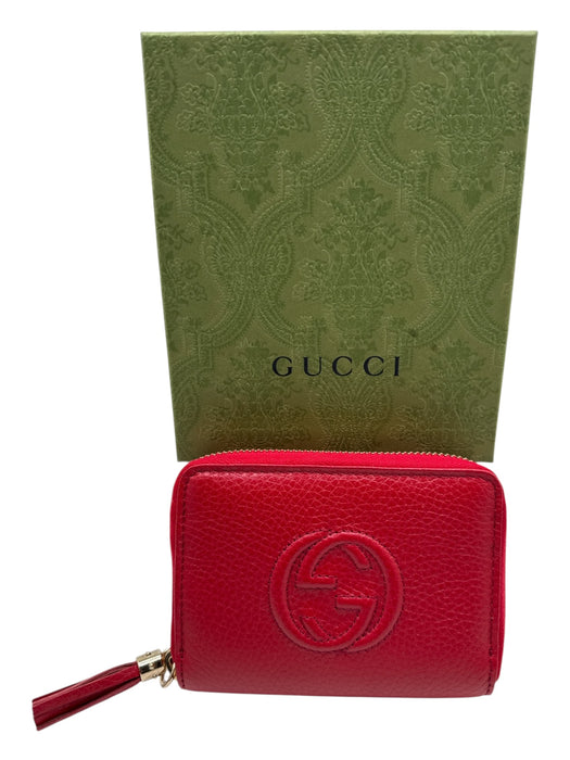 Gucci Red & Gold Pebble Leather Embossed Logo Zip Close Tassel Detail Wallets Red & Gold