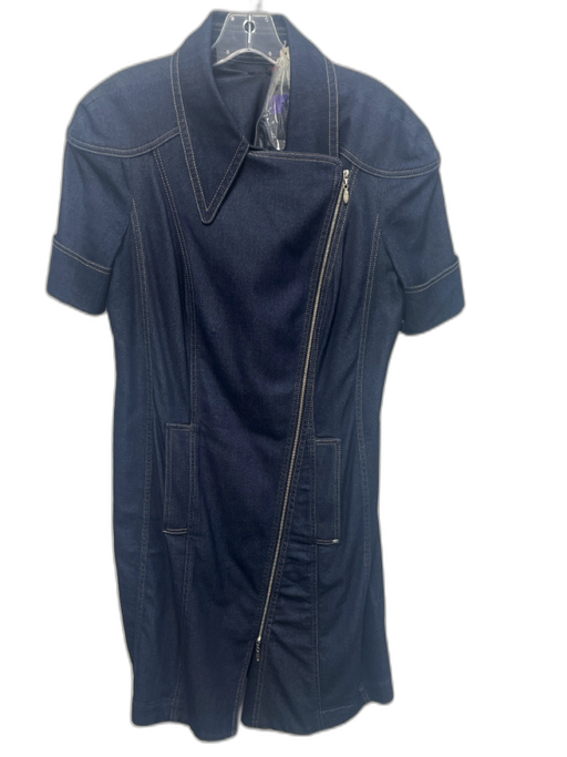 Escada Size 42 Dark Wash Cotton Blend Short Sleeve Contrast Stitch Collar Dress Dark Wash / 42