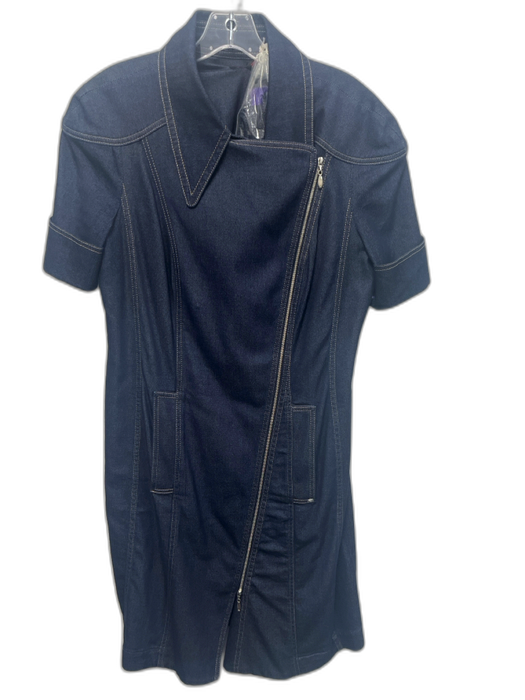 Escada Size 42 Dark Wash Cotton Blend Short Sleeve Contrast Stitch Collar Dress Dark Wash / 42