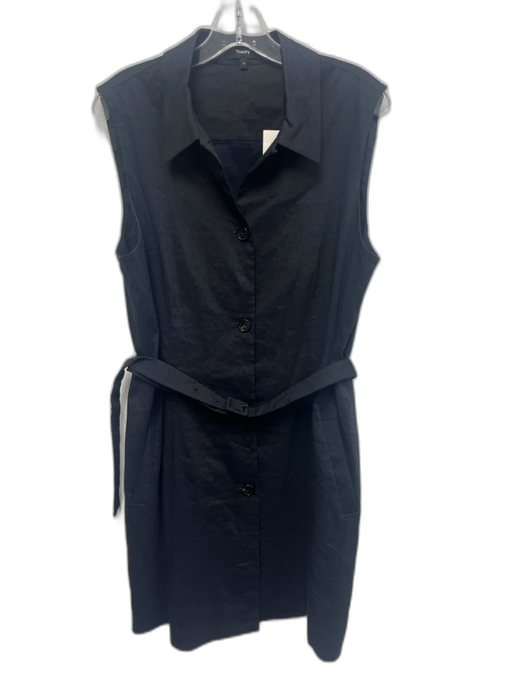Theory Size 14 Navy Blue Linen Blend Sleeveless Button Front Collar Dress Navy Blue / 14