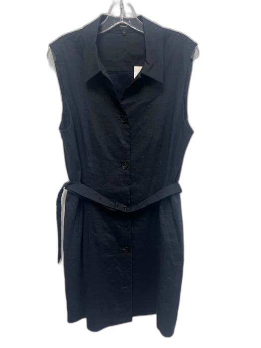 Theory Size 14 Navy Blue Linen Blend Sleeveless Button Front Collar Dress Navy Blue / 14