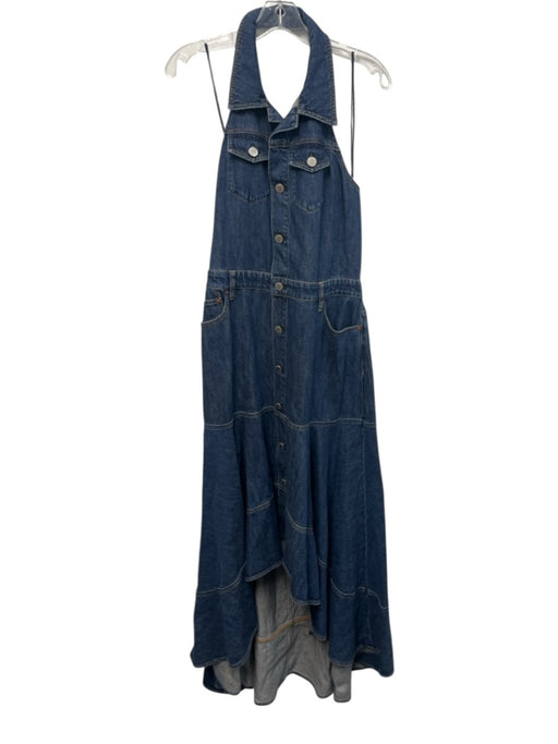 Alice + Olivia Size 14 Dark Wash Cotton Denim Halter Neck High Low Ruffles Dress Dark Wash / 14