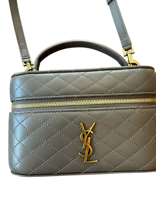 Saint Laurent Taupe & Gold Leather Zip Close Quilted Logo Crossbody Strap Bag Taupe & Gold / Mini