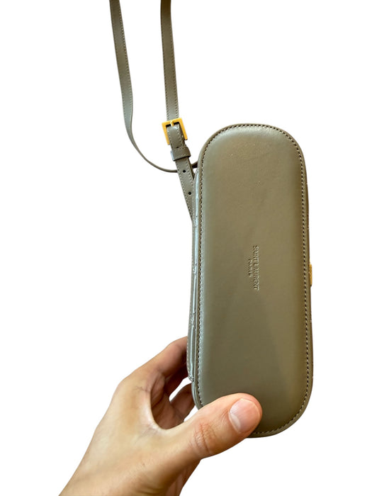Saint Laurent Taupe & Gold Leather Zip Close Quilted Logo Crossbody Strap Bag Taupe & Gold / Mini
