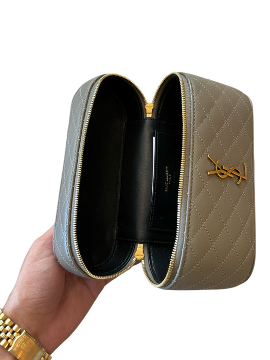 Saint Laurent Taupe & Gold Leather Zip Close Quilted Logo Crossbody Strap Bag Taupe & Gold / Mini