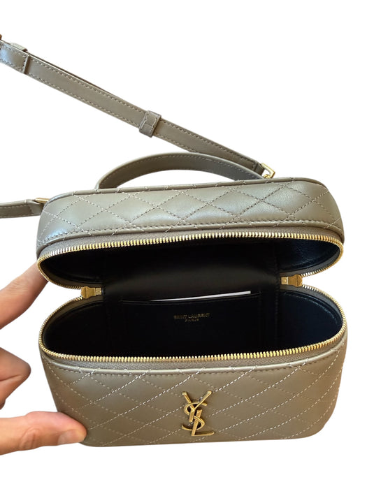 Saint Laurent Taupe & Gold Leather Zip Close Quilted Logo Crossbody Strap Bag Taupe & Gold / Mini