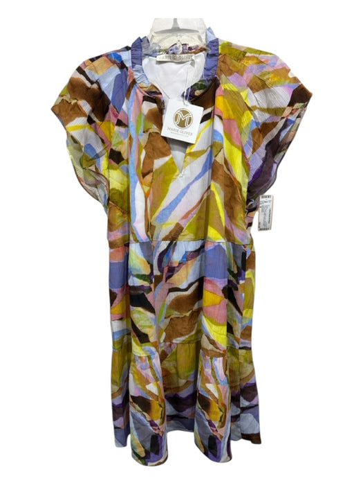 Marie Oliver Size M Brown, yellow & blue Rayon Blend V Neck Geometric Dress Brown, yellow & blue / M